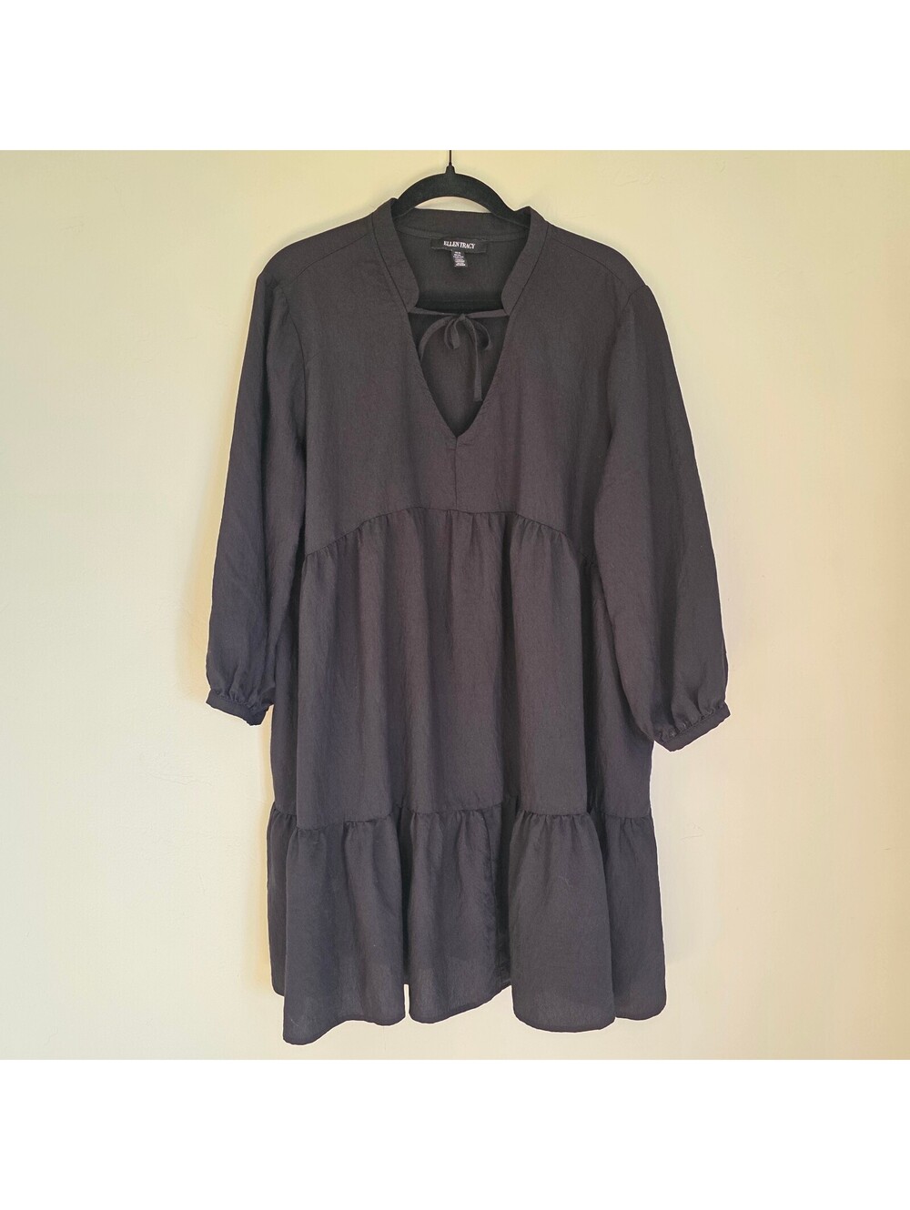 Ellen Tracy Black Tiered Babydoll Dress Tie Neck Balloon Sleeve XL